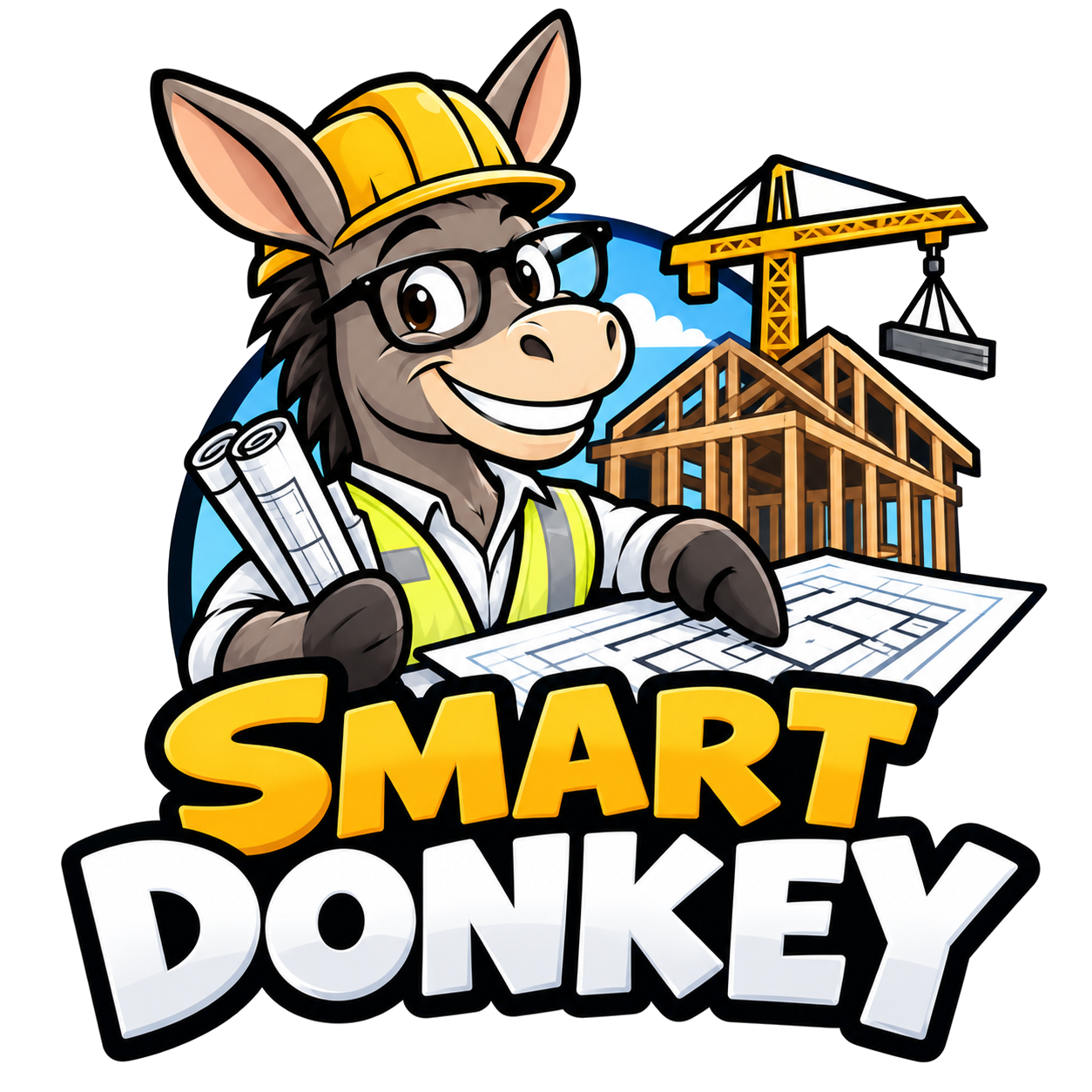 The Smart Donkey builder mascot holding blueprints