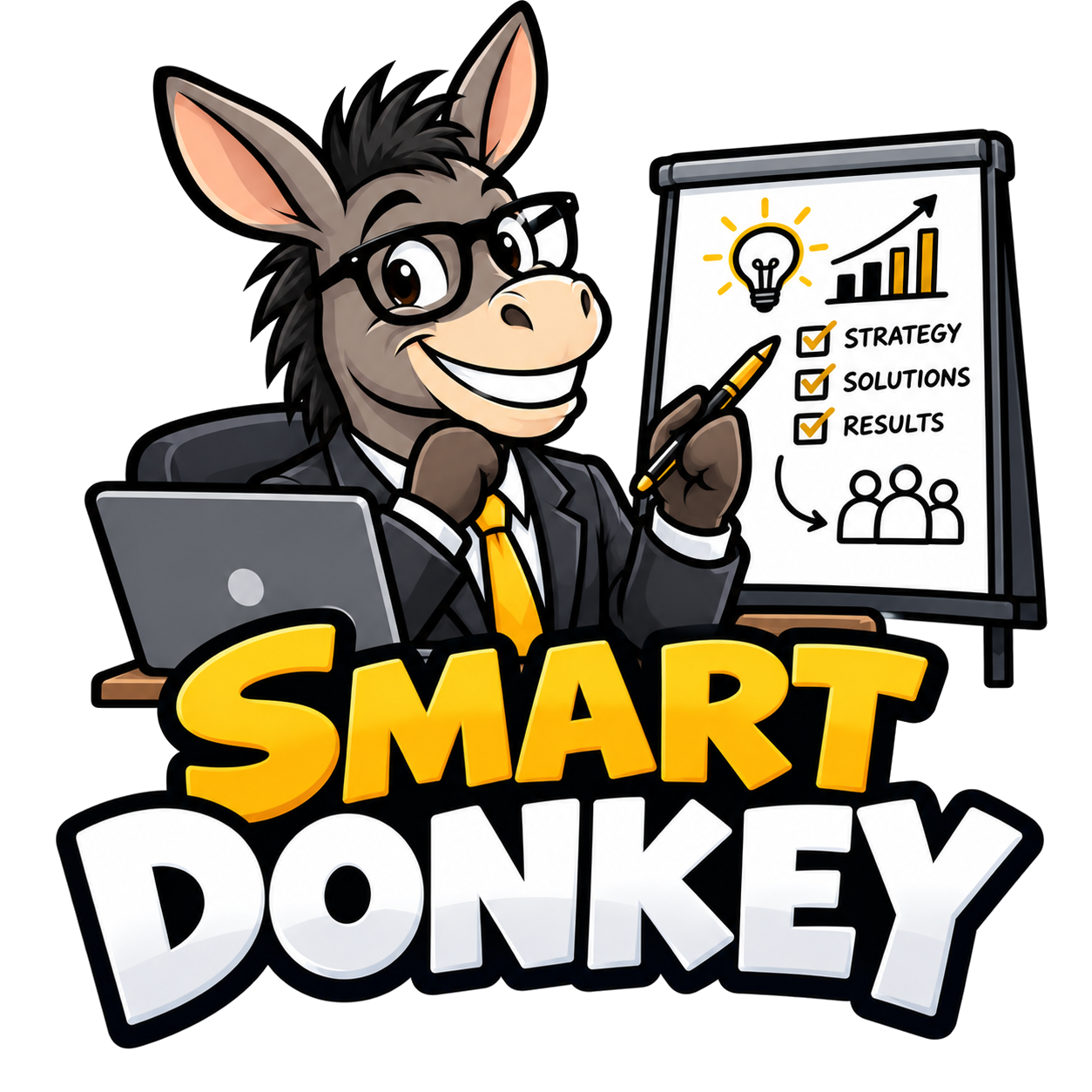 The Smart Donkey consulting mascot at a flip chart